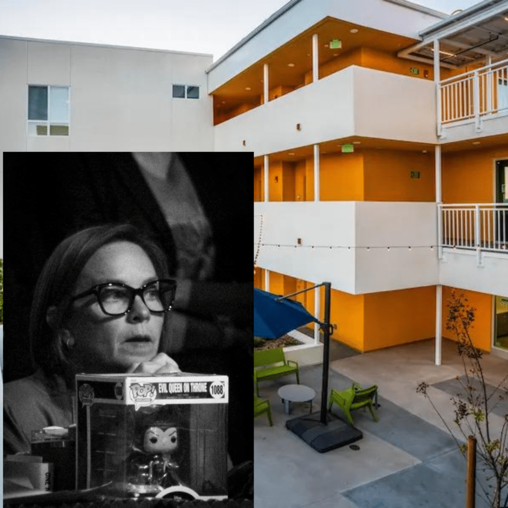 Two-panel collage: left side shows a grayscale close-up of a woman wearing glasses; right side shows an orange-and-white multilevel building courtyard with balconies and outdoor seating.