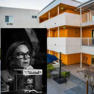 Two-panel collage: left side shows a grayscale close-up of a woman wearing glasses; right side shows an orange-and-white multilevel building courtyard with balconies and outdoor seating.