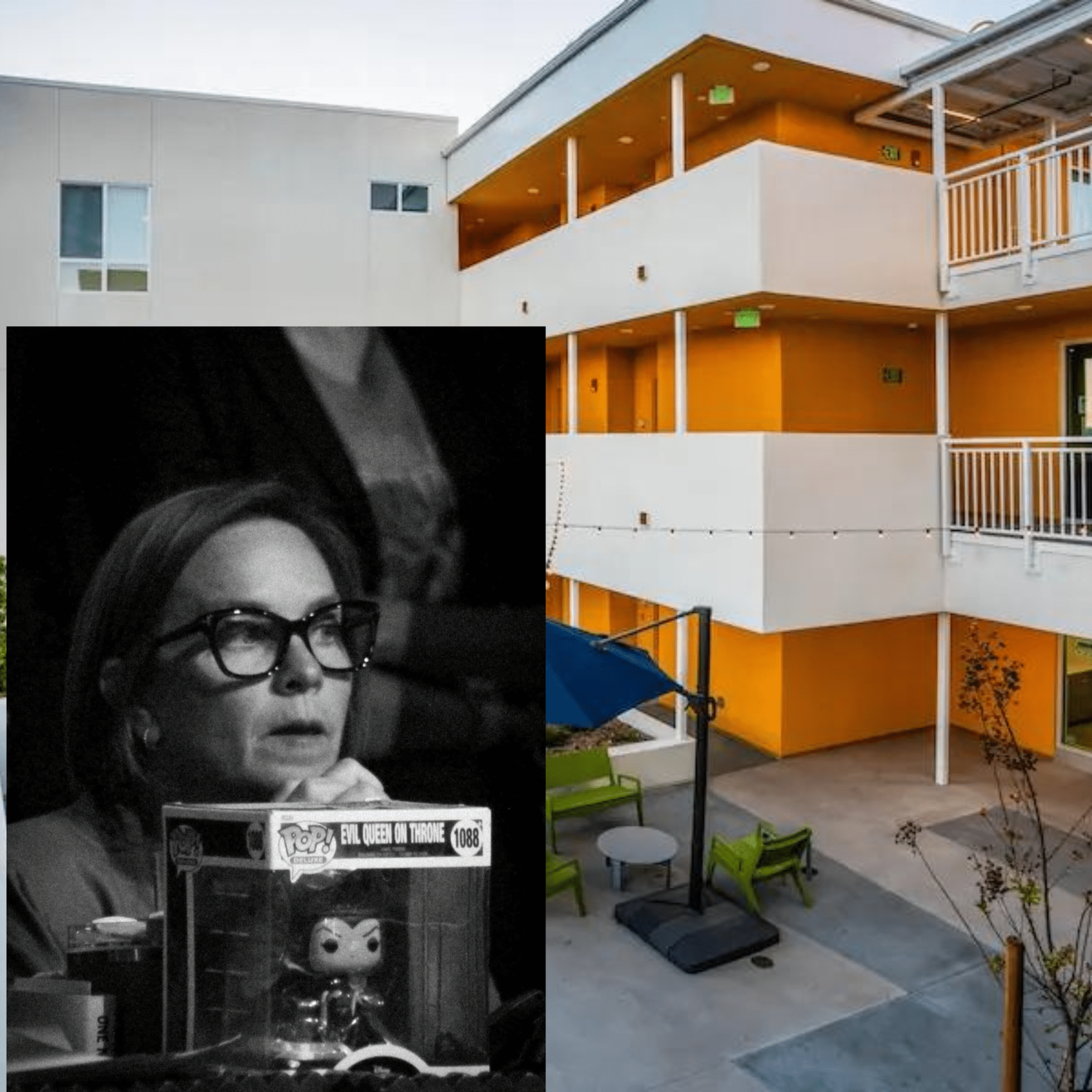 Two-panel collage: left side shows a grayscale close-up of a woman wearing glasses; right side shows an orange-and-white multilevel building courtyard with balconies and outdoor seating.